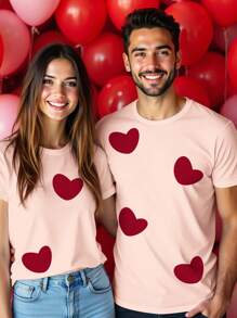 Manfinity Homme Valentine's Day Lovers Couple Men's Round Neck Short Sleeve Heart Print Casual T-Shirt - Baby Pink - View 1