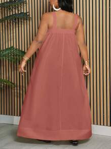 Slaydiva Vestido largo fluido y suelto de línea A con bolsillos, sin mangas, de color blanco sólido, elegante y casual, para vacaciones, para mujeres de talla grande, para primavera/verano - Color caoba - Ver 2