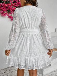 SHEIN VCAY Plus Size Vacation Sexy Lace Fabric Sheer Sleeve Design Elegant Romantic Short Dress