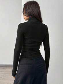 SHEIN EZwear 大码纯色高领长袖简约 T 恤，休闲日常穿着 - 黑色 - 查看 2