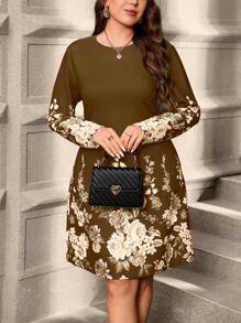 SHEIN Clasi 大码花卉印花简约圆领长袖短裙