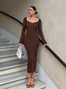 EURMUSE Contrast Binding Sweetheart Neck Raglan Sleeve Dress - Chocolate Brown - View 3