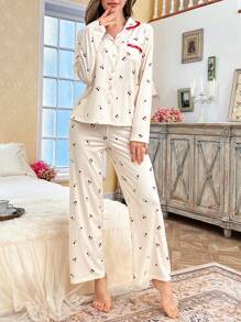CottageSlumber CottageSlumber 2pcs/Set Women Contrast Color Lace Trim Collar Button Front Cardigan And Cherry Print Long Pants Pajama Set