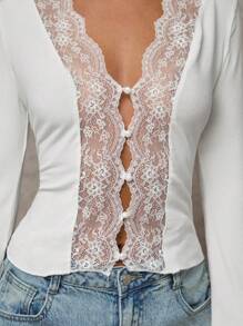 SHEIN BAE Ropa de invierno para mujer, cárdigan con top de encaje sexy de manga larga, top de Navidad