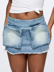 SUMWON WOMEN 破洞牛仔迷你裙，配有大口袋，节日夏日派对，超短款，毛边，实用街头服饰，未完成的下摆，磨损的底部，西部节日，Y2K - 淺藍色 - 查看 3