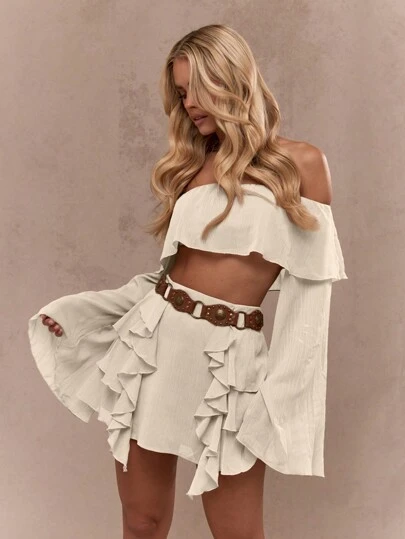 MISSGUIDED Bluză scurtă cu mânecă lungă și umăr gol, cu volane, crop top, stil boho, vară, festival, plajă, vacanță, resort, primăvară, casual