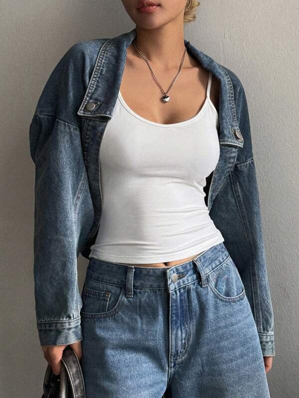 DAZY Women's Short Denim Shawl Collar Jacket