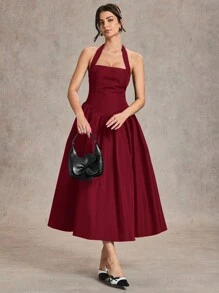 SHEIN BAE 优雅女士长裙，适合日常约会和外出，秋夏喇叭裙 - 酒紅色 - 查看 7