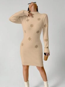 SHEIN Unity 女士半高领雪花肩修身长袖针织连衣裙，秋冬 - 卡其色 - 查看 4