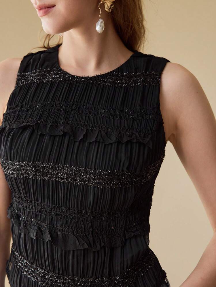 GATHERED RUFFLE TRIM SLEEVELESS BLOUSE,SPRING/SUMMER