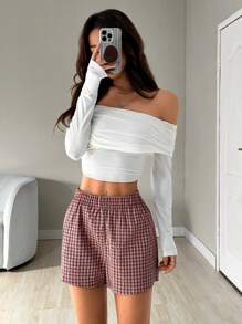 Muchica 女士松紧腰格子休闲短裤，日常穿着 - 藕粉色 - 查看 5