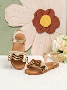 Girls' Gold Flat Sandals, Summer - Gold - View 1
