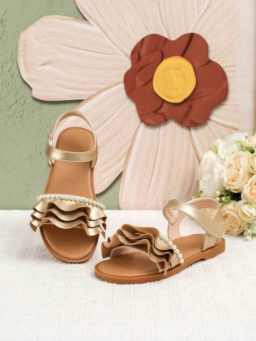Girls' Gold Flat Sandals, Summer - Gold - View 1