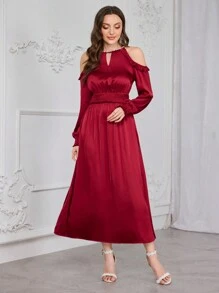 Modelyn 女士优雅纯色露肩长袖仿珍珠装饰连衣裙长款晚礼服 - 酒紅色 - 查看 3