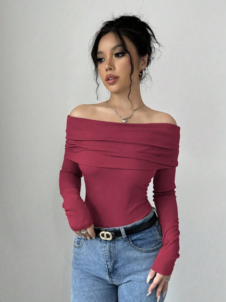 Selianne Top casual de mujer de un solo color con hombros descubiertos y manga larga, diseño minimalista para uso diario - Rojo - Añade 5