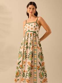 CAJUNI 女士度假细肩带露背 Selenipedium 和杜鹃花印花吊带背心休闲夏季连衣裙，优雅而优美