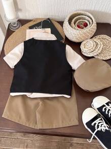 SHEIN 2 件套年轻男孩纯色前扣短袖上衣和无袖背心，极简主义 - 彩色 - 查看 2