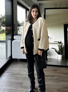 SHEIN 孕妇秋冬休闲撞色绑带纽扣前开襟泰迪熊大衣 - 杏色 - 查看 4