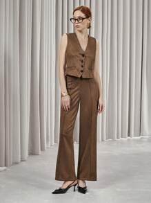 SHEIN Privé 2pcs Women Autumn Solid Color Faux Suede Vest Jacket And Pants Casual Suit - Brown - View 4