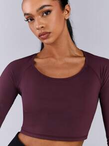 Athîral Top casual deportivo sólido de manga larga, cuello redondo, espalda abierta y diseño sencillo para mujer
