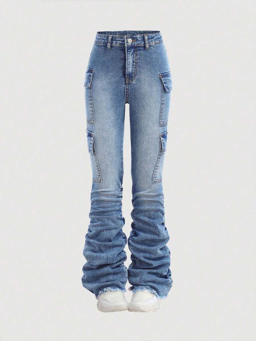 SHEIN Girlism Tween Girls Y2K Stonewashed Flared Denim Jeans With Pleats And Flap Pocket Stacked Jeans With Cargo Pockets - Medium Wash - View 1