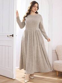 Mulvari Vestido casual de línea A con cuello redondo, manga larga, plisado, bolsillos y textura suave para mujer de talla grande, para uso diario en el hogar. Elegante atuendo de mujer para otoño/invierno, vestido largo