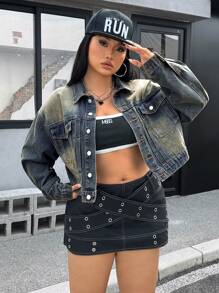 SHEIN EZwear Plus Size Front Button Long Sleeve Pocket Simple Casual Denim Jacket - Blue - View 3