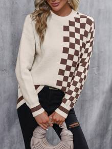 SHEIN LUNE Suéter de cuello redondo de manga larga de punto con estampado de cuadros para mujer, suéter de punto de otoño/invierno