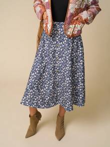 LanaWest Women's Navy Blue Ditsy Floral Corduroy Button Front A-Line Skirt