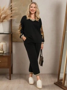 SHEIN LUNE 2 件套大码闪亮条纹印花 V 领长袖上衣和裤子休闲装感恩节服装女士新年服装冬季服装女士狂欢服装度假服装女士亮片上衣新年服装新年女装冬季外套女士冬装女士运动服女士冬季套装度假两件套新年 - 黑色 - 查看 2