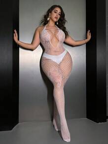 Plus Size Sexy Mesh Bodysuit, 1pc