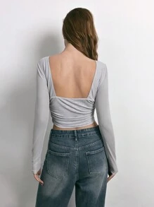 Maija Blusa feminina cinza com ajuste justo e manga comprida, urbana, chique, elegante, vintage, uso diário e festa, Natal, franzida, semi-transparente, malha, dia dos namorados - Cinza - Ver 4