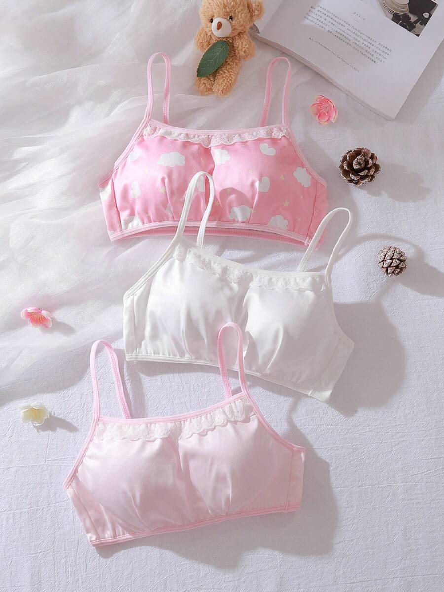 3pcs Tank Top & Bra Set, Removable Pads, Lace Trim, Soft, Lightweight, Cloud-Like, Girls Lingerie, Pink, White - Multicolor - View 1