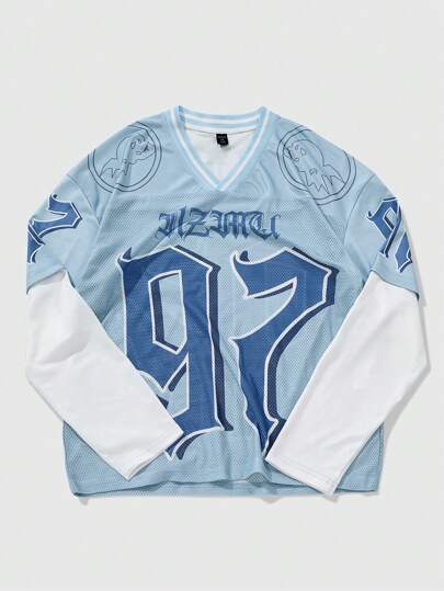 Prep قميص تي شيرت بياقة على شكل حرف V مع نمط رقمي 97 من الشبكة (2 في 1)، خريف