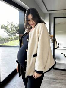 SHEIN 孕妇秋冬休闲撞色绑带纽扣前开襟泰迪熊大衣 - 杏色 - 查看 2