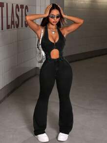 SHEIN ICON 女士侧腰系带镂空喇叭休闲牛仔连体裤 - 黑色 - 查看 3
