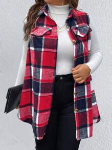 Calvaya Plus Plaid Print Flap Detail Sleeveless Coat For New Year Clothes, For Winter Fall Autumn - Red - View 1