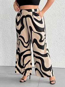 SHEIN CURVE+ Pantaloni casual e ampi da donna con stampe e tasche, ideali per l'uso quotidiano - nero - Visualizzare 7