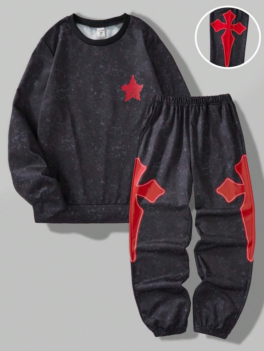 SHEIN Explorewe 2pcs/Set Fashionable Pre-Teen Boys Cross Embroidery Graphic Crew Neck Sweatshirt And Casual Pants - Black - View 1