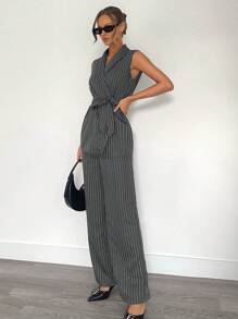 SHEIN Essnce Women's Striped Wrap Kimono Style Casual Suit Set, Grey Office & Commute Fashion Two-Piece Outfit, Office Wear