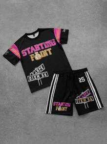 Manfinity Roghcode Manfinity EMRG Black Interesting Pattern Basketball Jersey Style T-Shirt & Shorts Set, Unisex Couple Matching Outfit,Men Two Pieces Outfits - Black - View 3