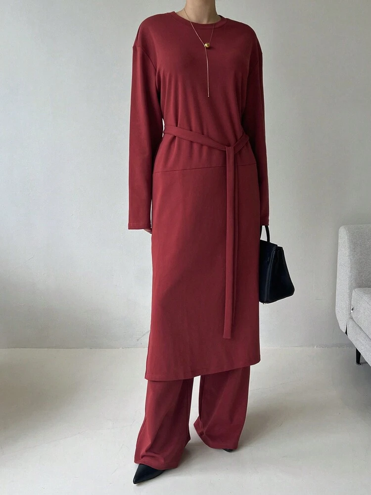2pcs/Set Women Red Long T-Shirt And Pants Casual Set