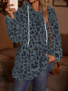 SHEIN LUNE Sweatshirt à capuche et cordon de serrage à motif léopard pour femmes, automne/hiver