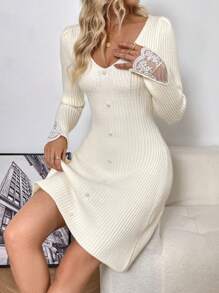 Chiquease Vestido de suéter línea A con cuello en V elegante casual, manga abullonada y parche de encaje