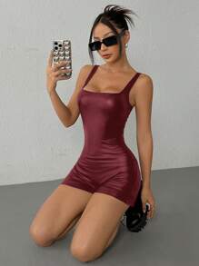 SHEIN EZwear Women's New Stretch Leather Jumpsuit - Burgundy - View 5