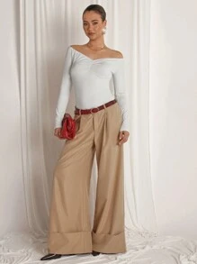 COSMINA Women's Off-Shoulder Long Sleeve Ruched Fitted T-Shirt, Solid Color For Autumn