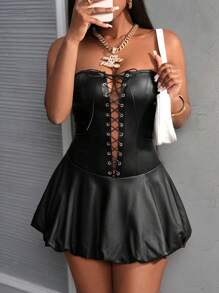 Slaydiva 街头时尚抹胸褶饰系带花卉迷你连衣裙 - 黑色 - 查看 6