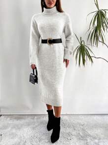 EURMUSE Damen einfarbiges Strickkleid mit Rollkragen und Langarm für Lässig, Herbst/Winter - Weiss - Übersicht 3