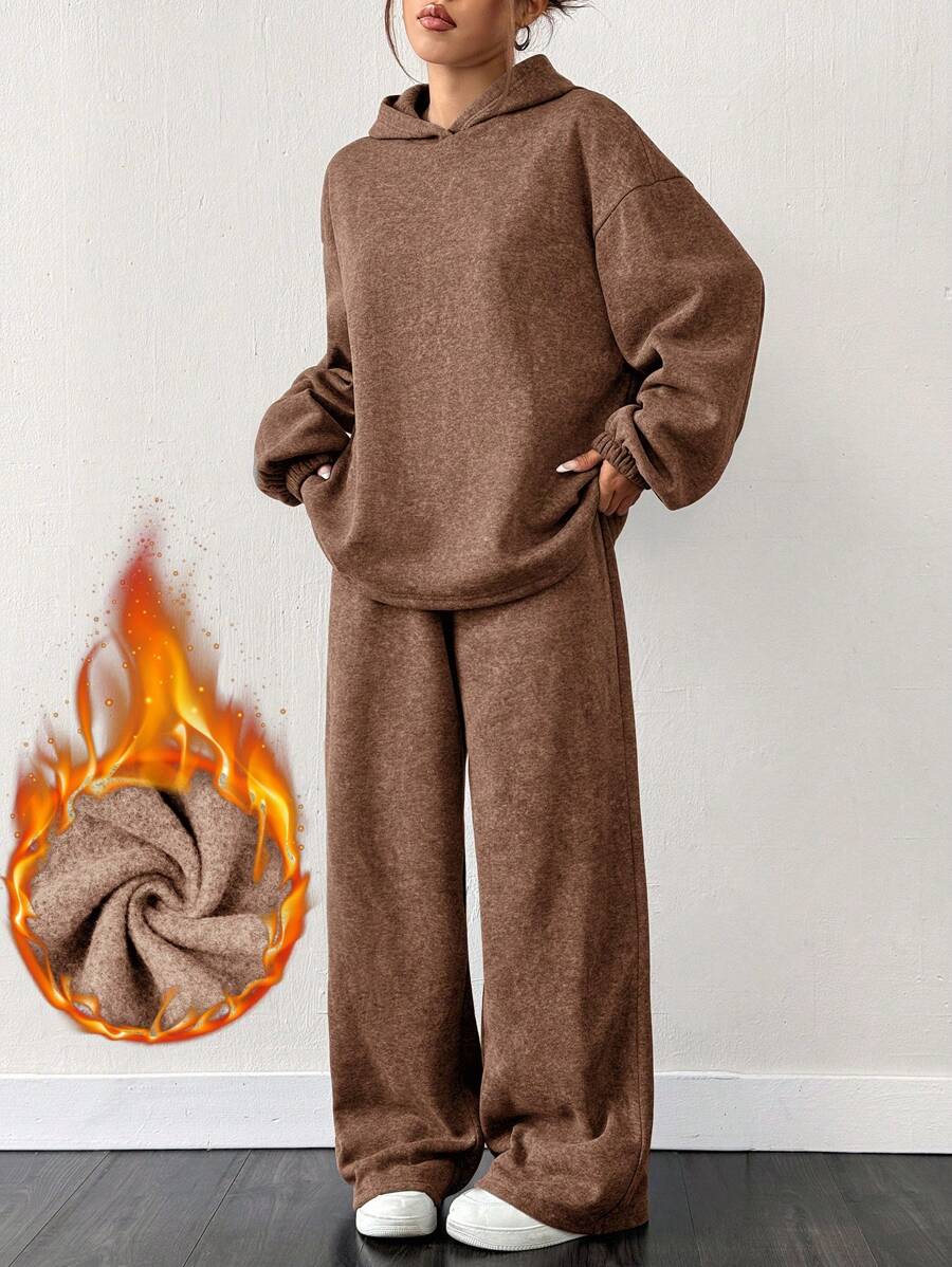 SHEIN EZwear 两件套:宽松保暖连帽卫衣和阔腿运动裤,棕色 - 棕色 - 查看 1