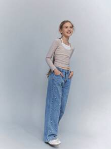 SHEIN Tween 女童珍珠装饰口袋宽松阔腿休闲牛仔裤 - 中等水洗藍 - 查看 3